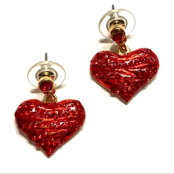Red enamel pierced earrings heart shaped dangles romantic jewelry gift for woman - Picture 4 of 5